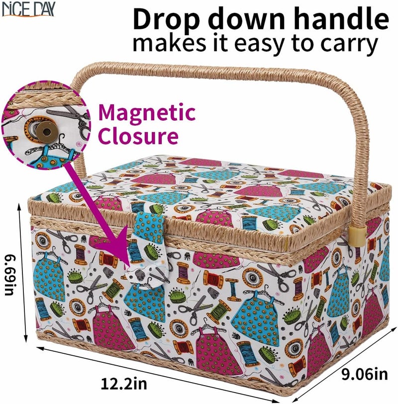 Nice Day Sewing Basket with Sewing for Girls/Kids/Beginners Colour Fabric Design Sewing Kit Accessories Large Sewing Box Sewing Supplies Organizer and Storage Portable Kit Embroidery Box 12.2 * 9.06 * 6.69 in - Image 2
